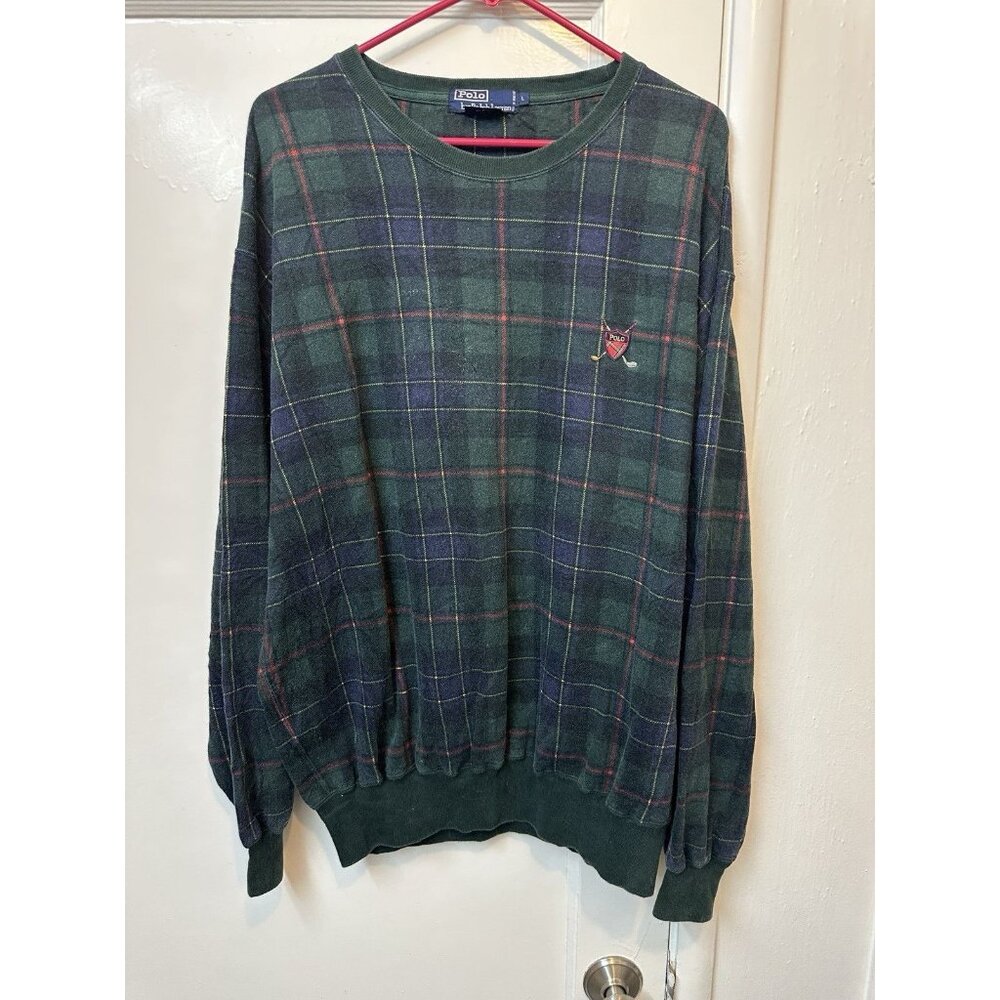 VTG Polo Golf Ralph Lauren Sweatshirt Men L Green Plaid Crewneck Pullover Tartan - Picture 1 of 6